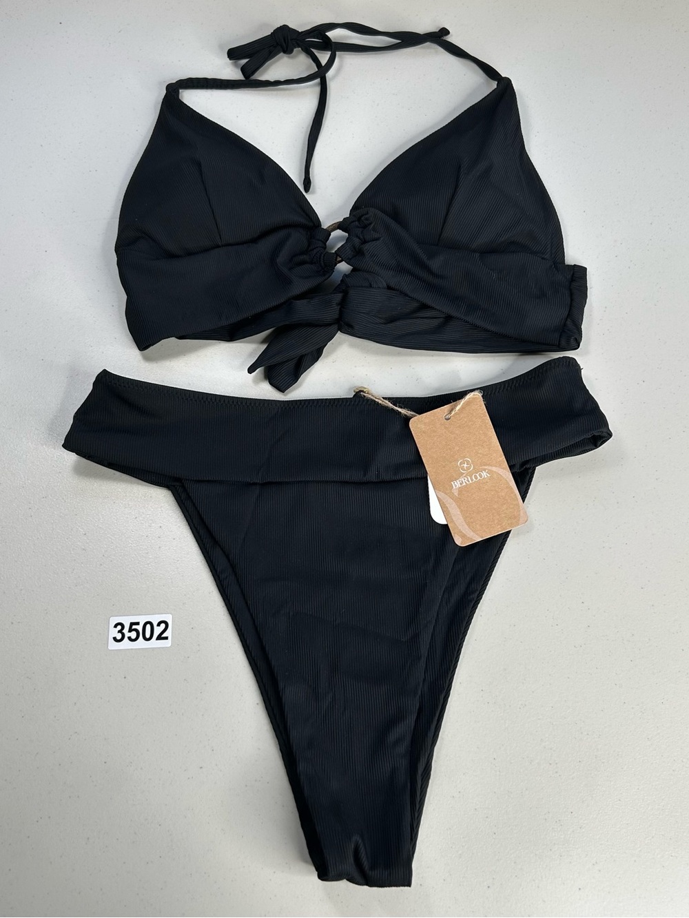 Berlook Bikini Set Medium Black Ribbed High Cut Wide Waisted Bottom Back Tie Top